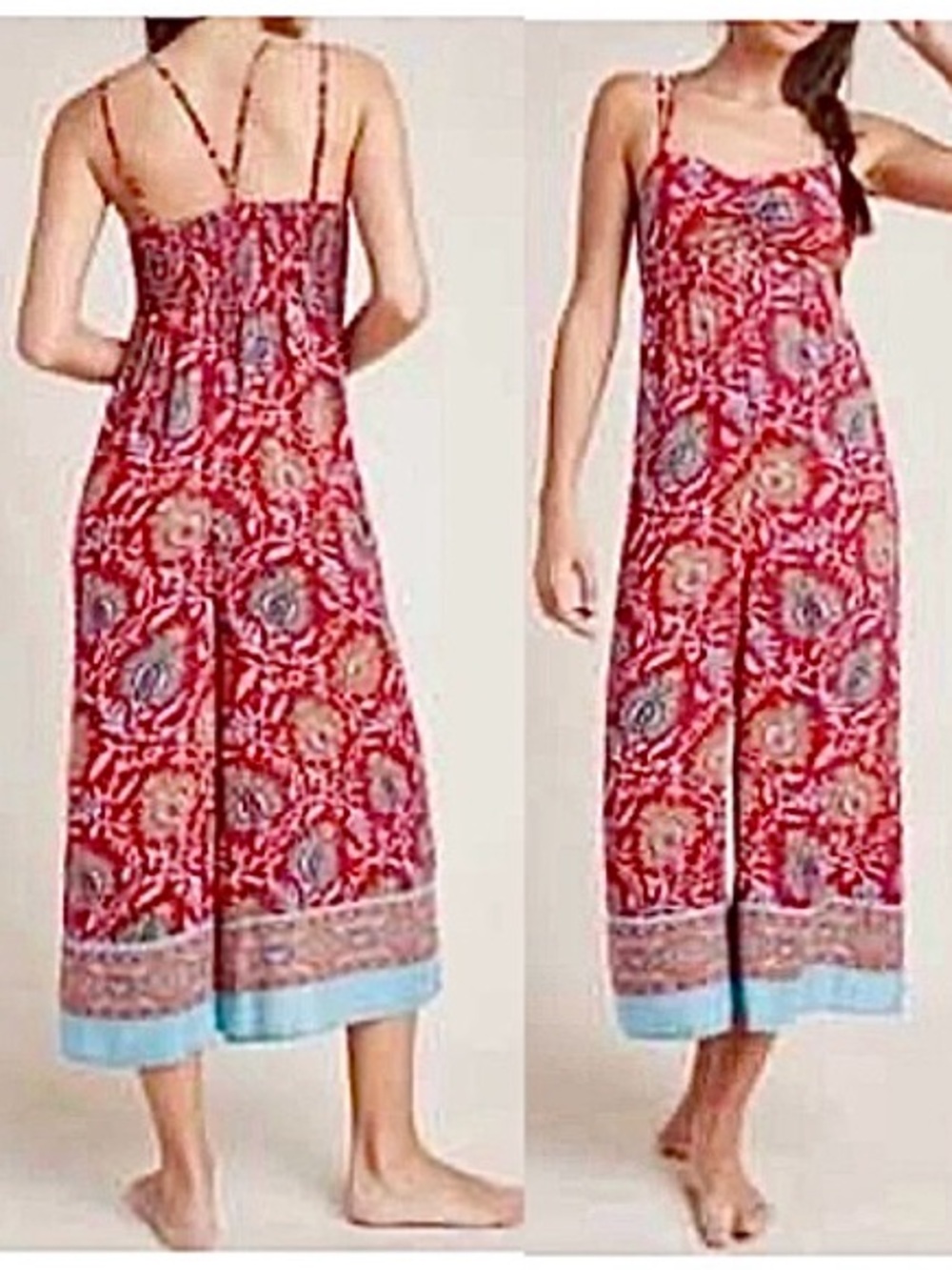 By Anthropologie Red Paisley Floral Print Marina Sleep Cropped Jumpsuit Size XS